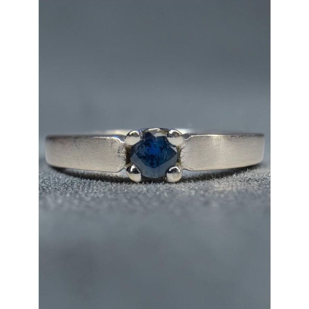 Vintage Natural Blue Sapphire Ring 18K White Gold 750 Stacking Wedding Ring Sz 5